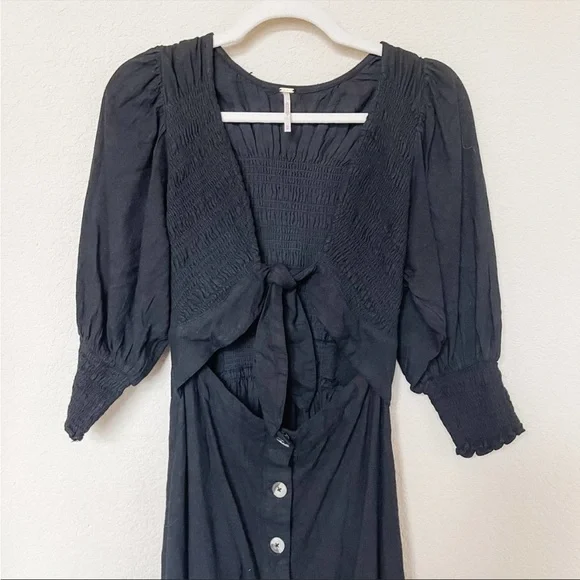 Free People String of Hearts Front Tie Button Down Maxi Dress | Black | … - Picture 6 of 11